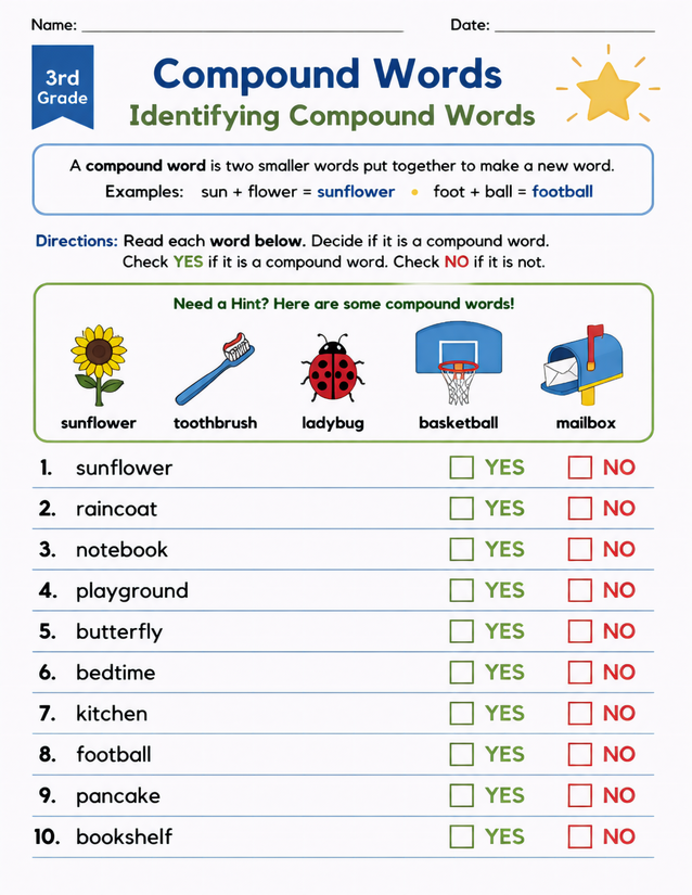 Identifying Compound Words Worksheet, 3rd Grade YES or NO Checklist