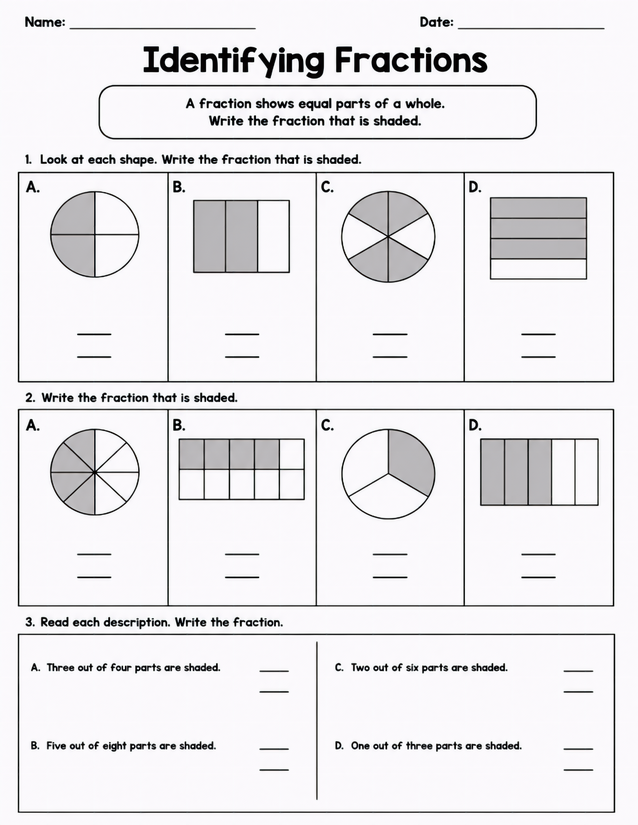 Identifying Fractions Worksheet, Shaded Shapes and Written Descriptions