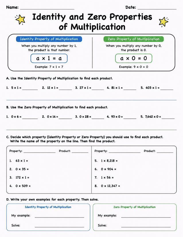 Identity and Zero Properties of Multiplication Worksheet