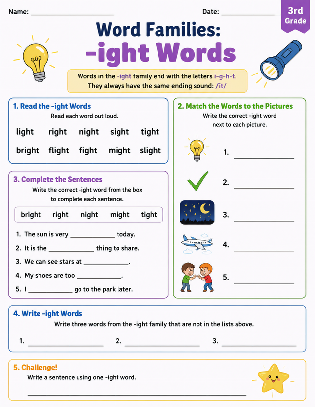 Ight Word Family Worksheet, 3rd Grade Phonics Practice