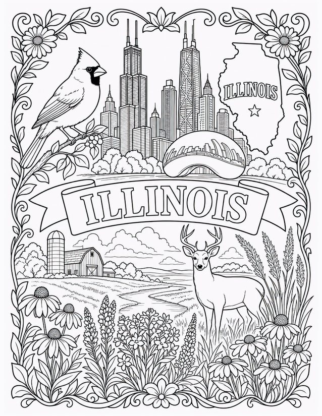 Illinois Coloring Page, Chicago Skyline, Cardinal, and Prairie Deer