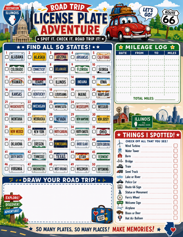Illinois License Plate Game Printable, Route 66 Edition