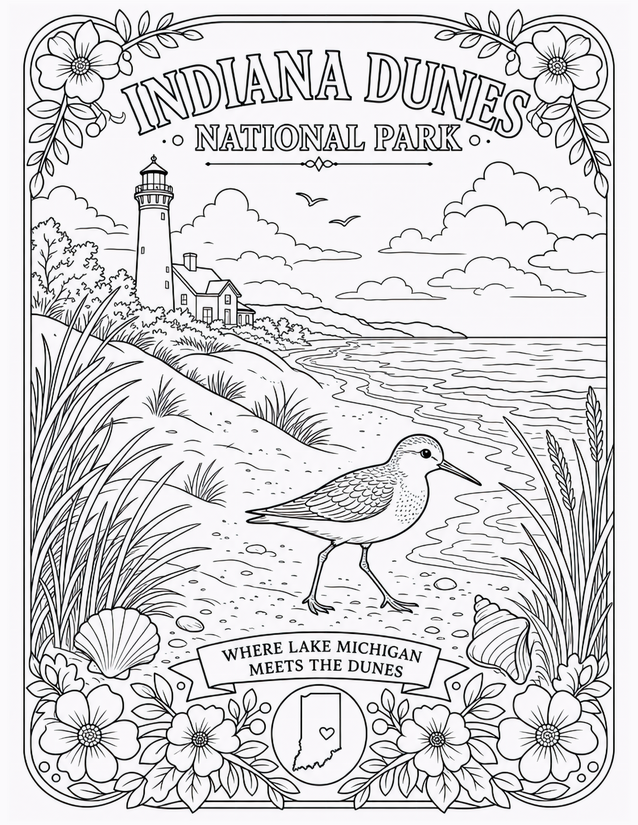 Indiana Dunes National Park Coloring Page, Lighthouse and Sandpiper