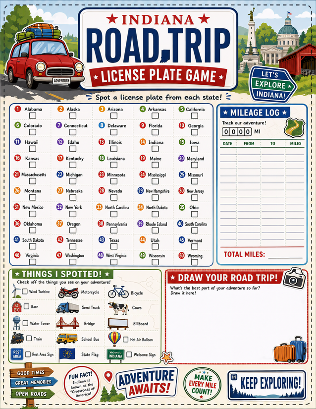 Indiana License Plate Game Printable, All 50 States Plus Mileage Log