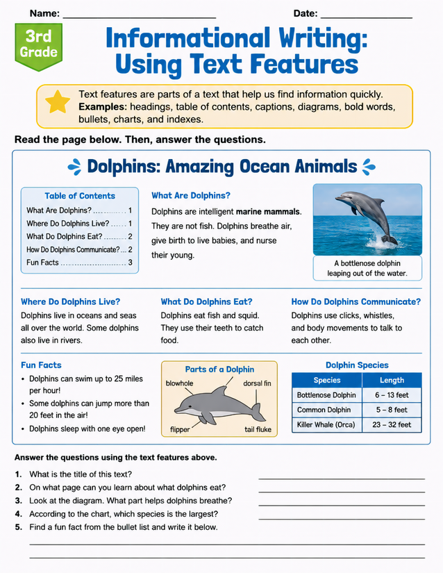 Informational Writing Using Text Features Worksheet, 3rd Grade Dolphins