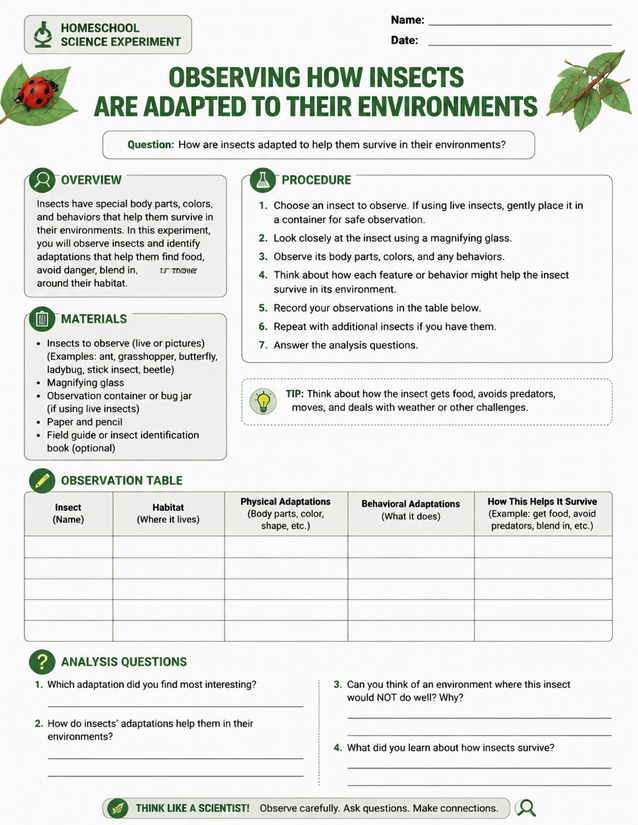 Insect Adaptations Lab Sheet, Observation Table Included