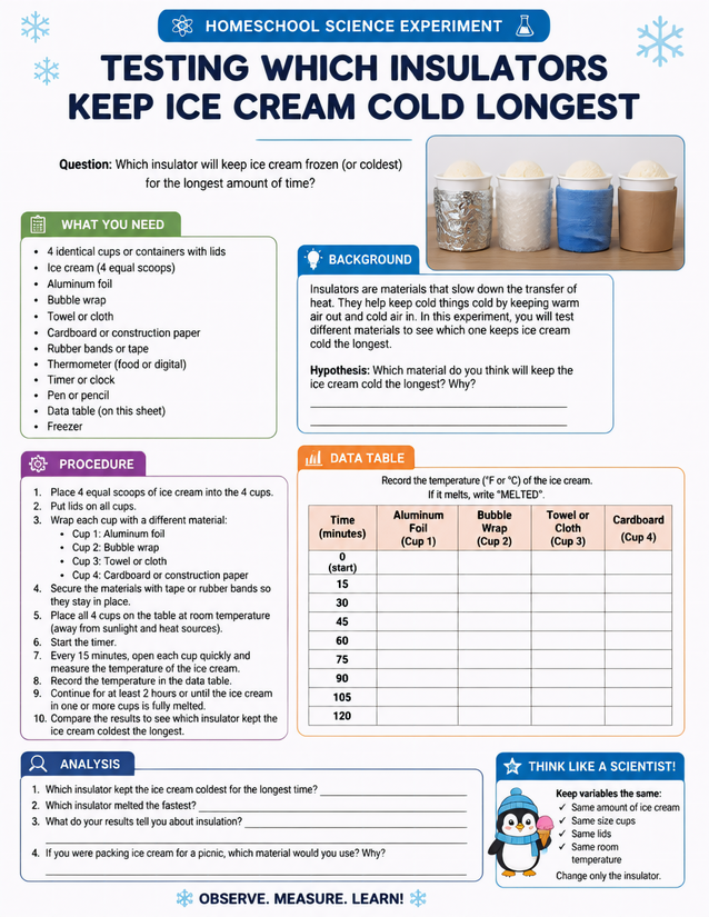 Insulation Properties of Ice Cream Lab, Four Materials Tested