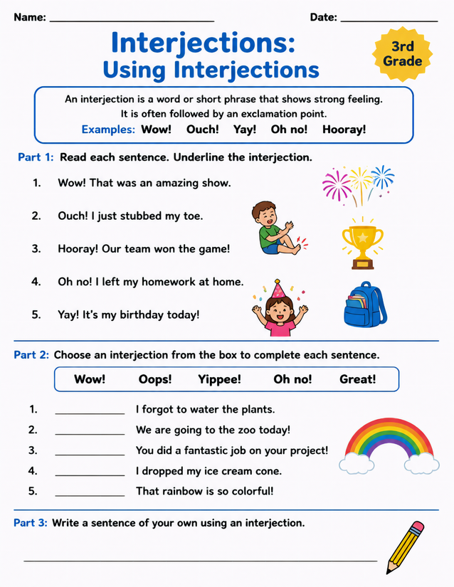Interjections Using Interjections Worksheet, 3rd Grade
