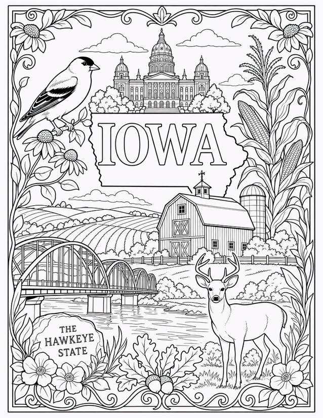 Iowa Coloring Page, Capitol, Barn, Deer, and Goldfinch