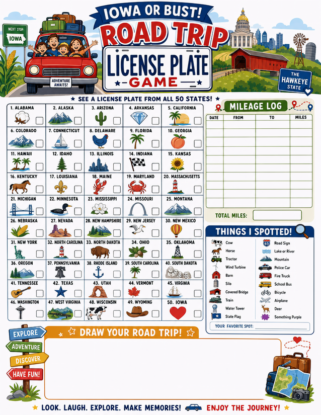Iowa License Plate Game Printable, All 50 States with Mileage Log