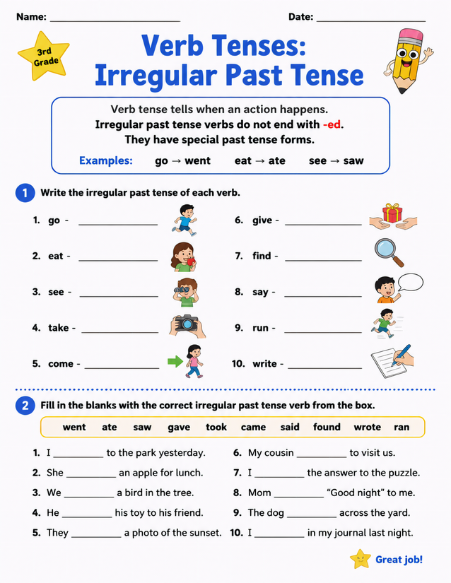Irregular Past Tense Worksheet, 3rd Grade Fill-In Practice