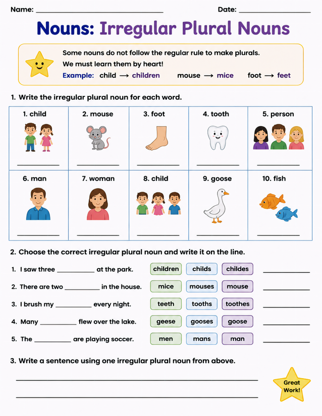 Irregular Plural Nouns Worksheet, Three Practice Sections