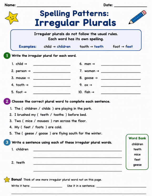 Irregular Plurals Spelling Worksheet, Three Practice Sections