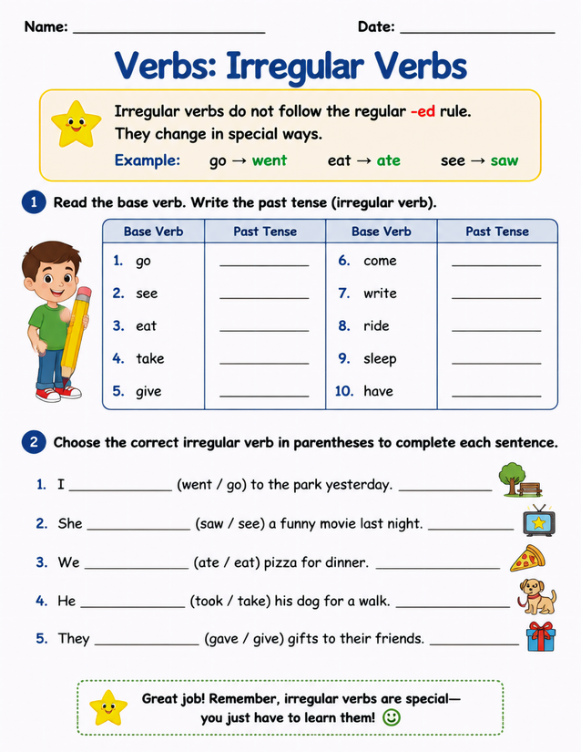 Irregular Verbs Worksheet, Past Tense Fill-In and Choose