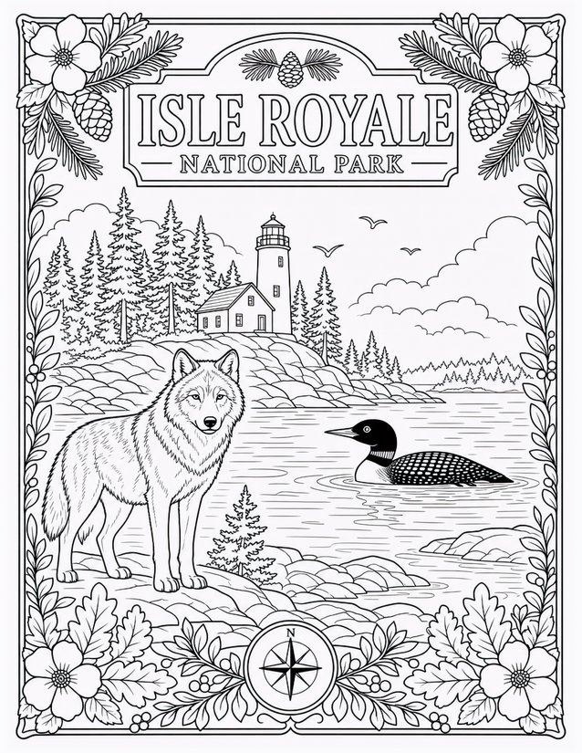 Isle Royale National Park Coloring Page, Wolf and Loon