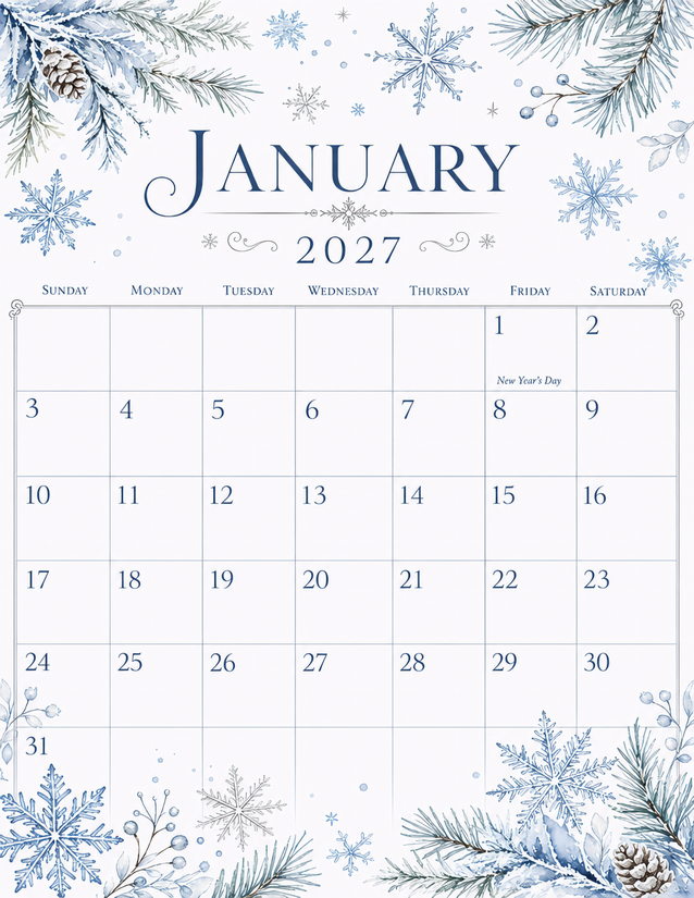 January 2027 Calendar Printable, Watercolor Snowflakes and Pine