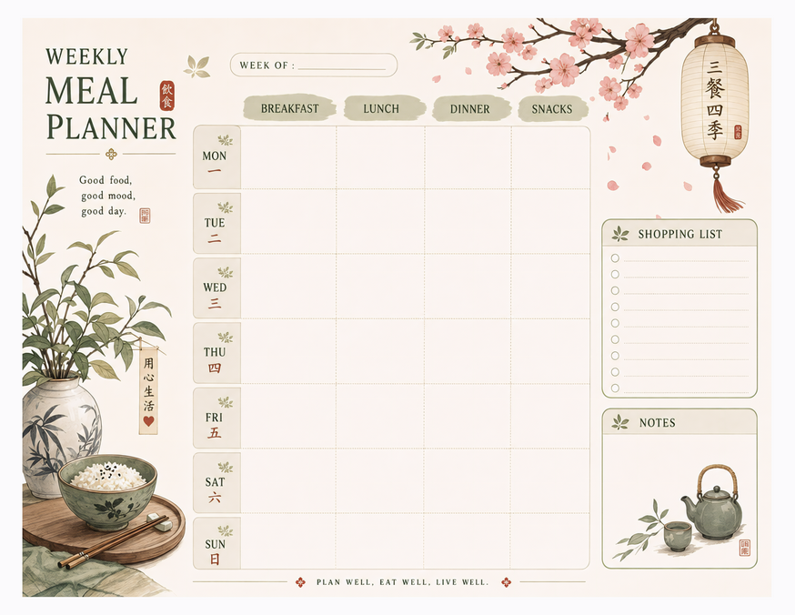 Japanese Style Meal Planner Printable, Cherry Blossom and Lantern Design