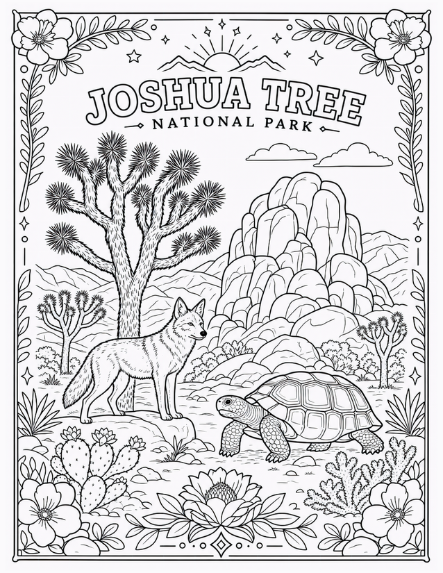 Joshua Tree National Park Coloring Page, Coyote and Desert Tortoise