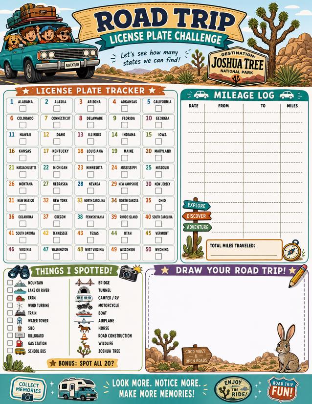 Joshua Tree Road Trip Printable, License Plate, Mileage Log and Spotter