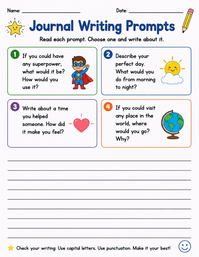 Journal Writing Prompts Worksheet, Four Guided Topics