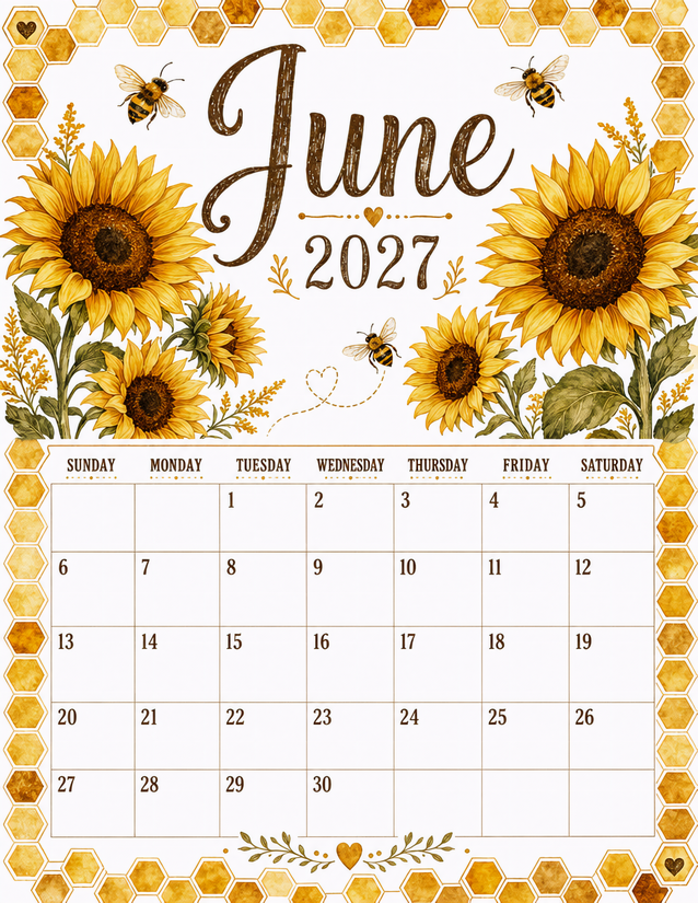 June 2027 Calendar Printable, Sunflowers and Honeybee Border