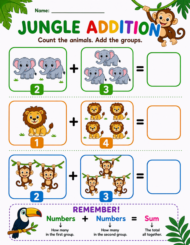 Jungle Addition Worksheet, Elephants, Lions, and Monkeys