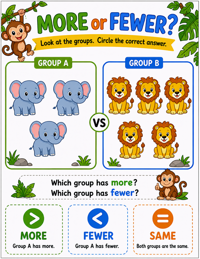 Jungle More or Fewer Worksheet, Elephants vs Lions