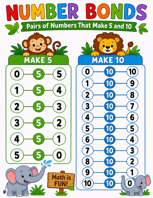 Jungle Number Bonds Worksheet, Make 5 and Make 10