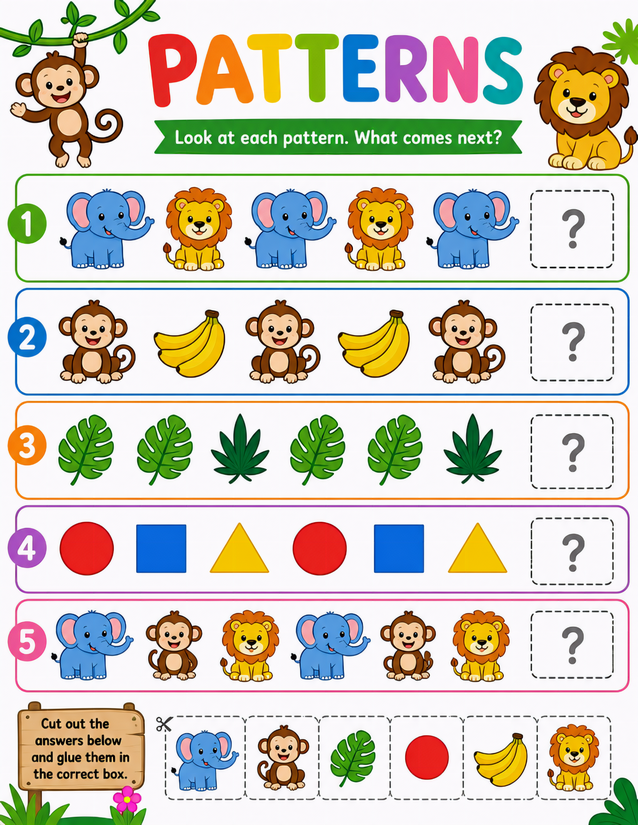 Jungle Patterns Worksheet, Cut and Glue Answer Cards