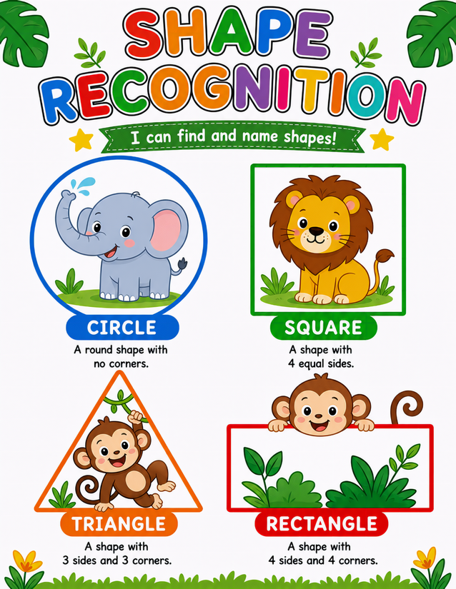 Jungle Shape Recognition Worksheet, Circle Square Triangle Rectangle