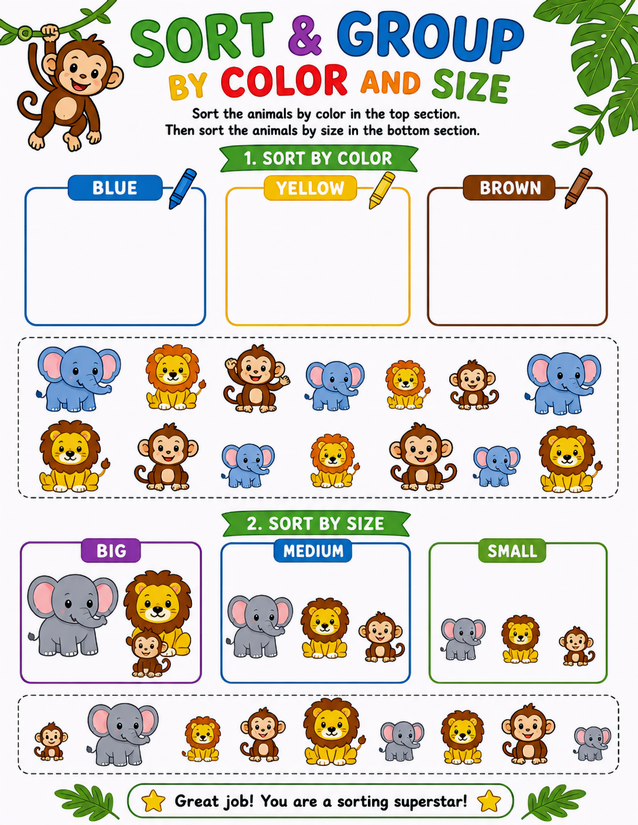 Jungle Sort and Group Worksheet, Color and Size Sorting