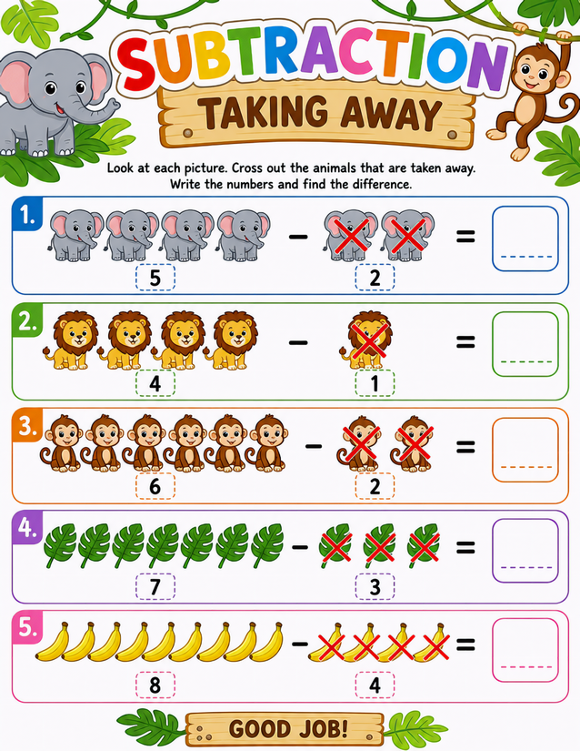 Jungle Subtraction Worksheet, Cross Out and Find the Difference