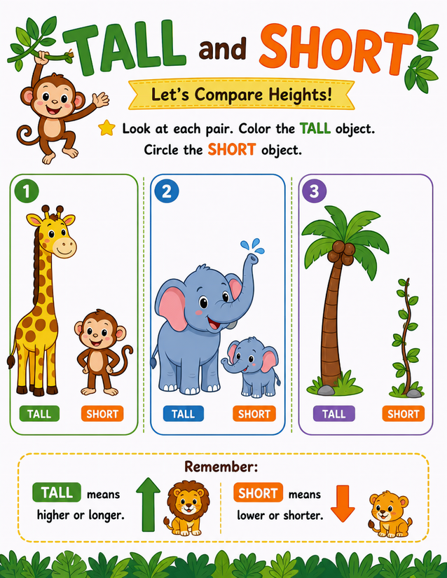 Jungle Tall or Short Worksheet, Giraffe, Elephant, and Palm Tree