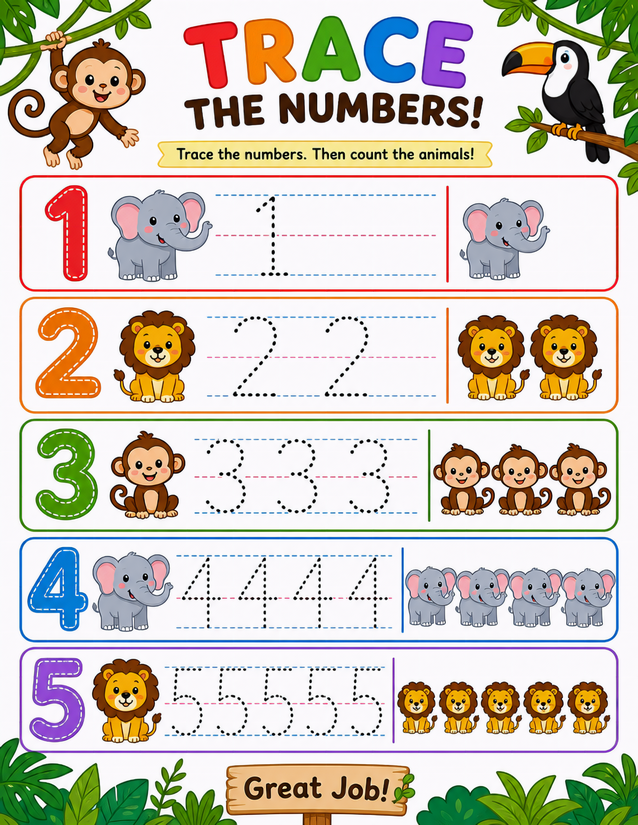Jungle Trace the Numbers Worksheet, 1 to 5 With Animal Counting