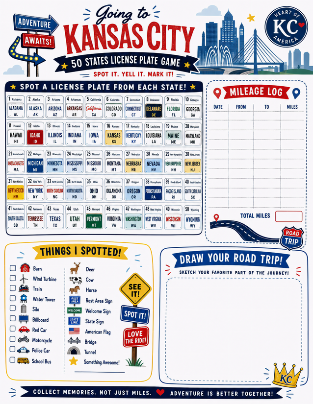 Kansas City License Plate Game Printable, Four Activities on One Sheet