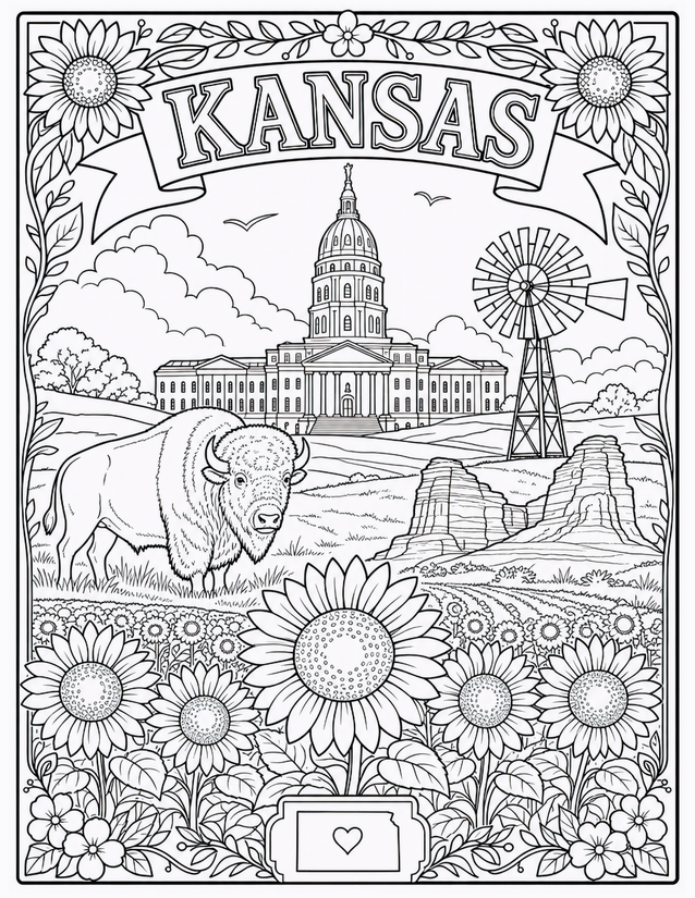 Kansas Coloring Page, Bison, Sunflowers, and State Capitol