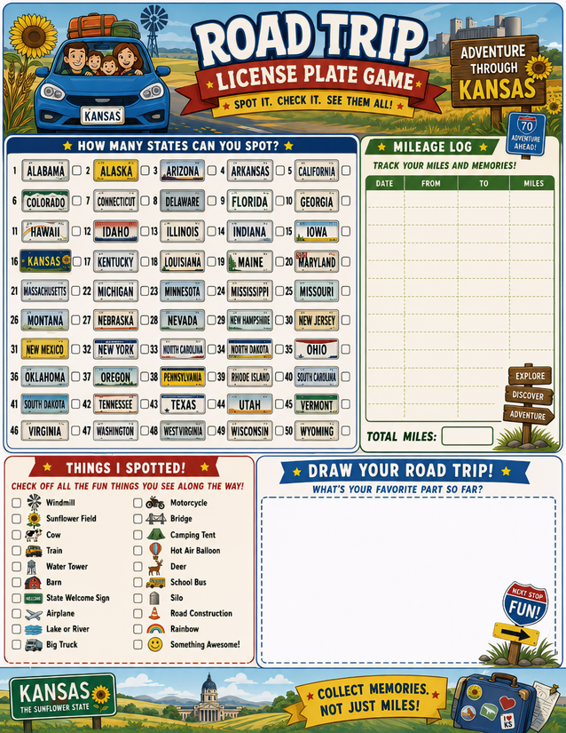 Kansas License Plate Game Printable, Mileage Log and Draw Your Road Trip