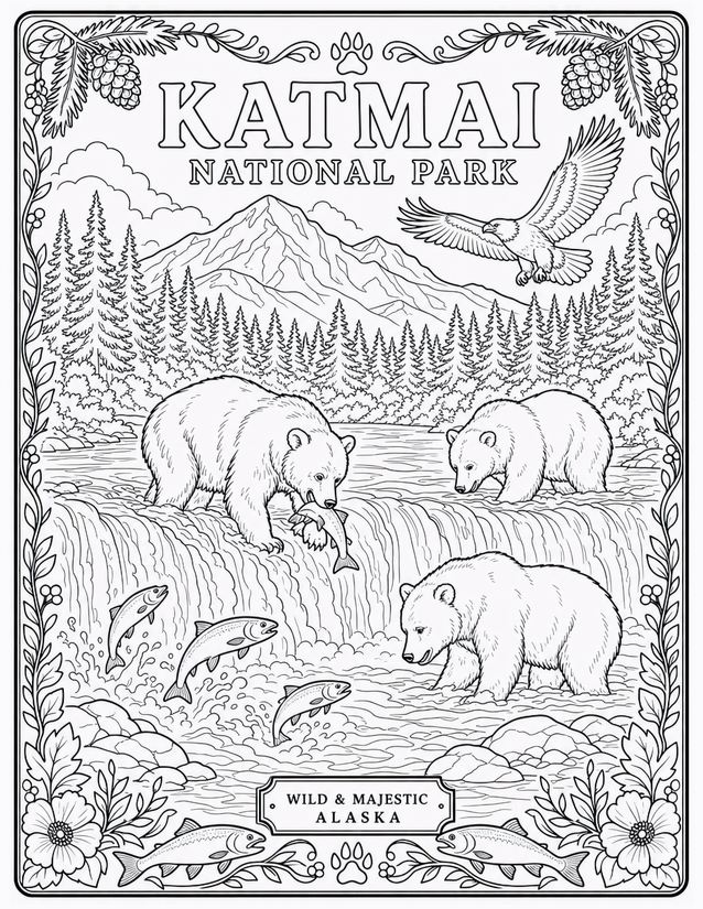 Katmai National Park Coloring Page, Bears and Salmon at the Falls