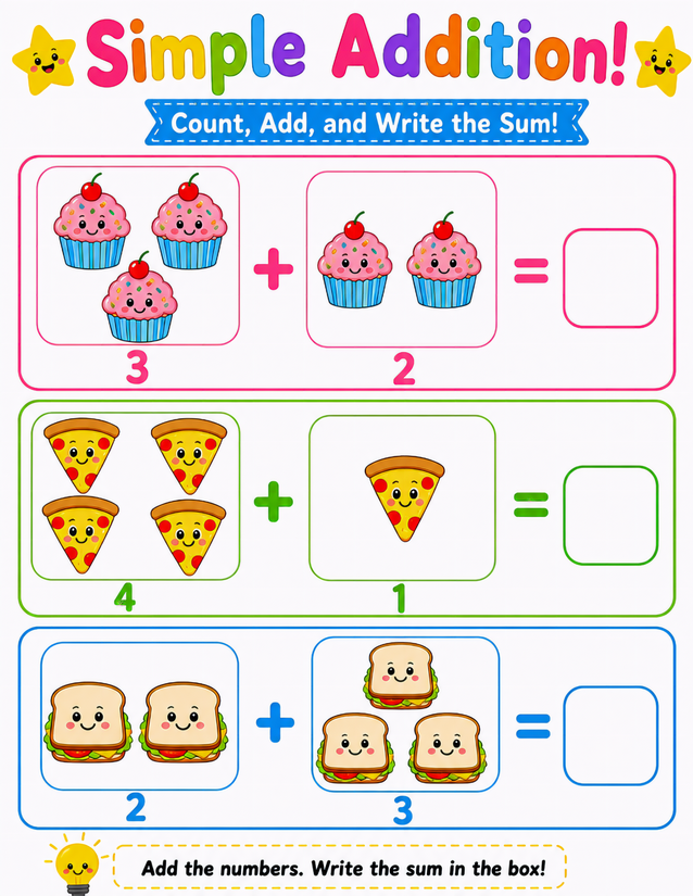 Kawaii Food Addition Worksheet, Cupcakes Pizza and Sandwiches