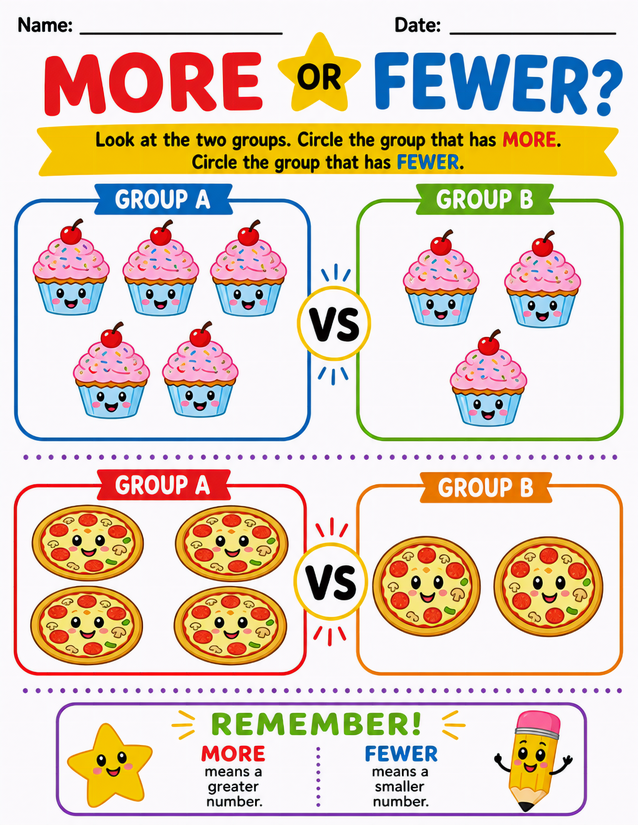 Kawaii Food More or Fewer Worksheet, Cupcakes and Pizza