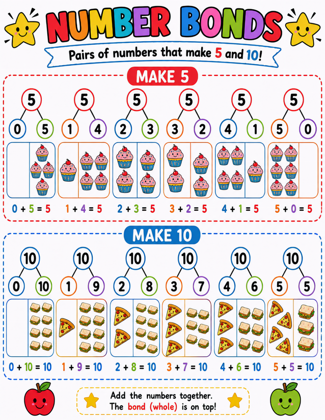 Kawaii Food Number Bonds Worksheet, Make 5 and Make 10