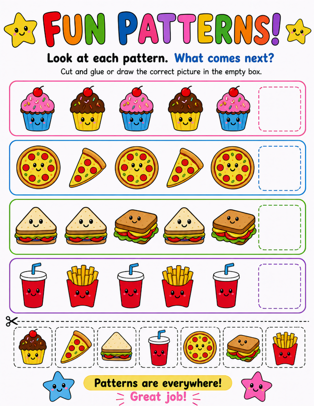 Kawaii Food Patterns Worksheet, Cut and Paste
