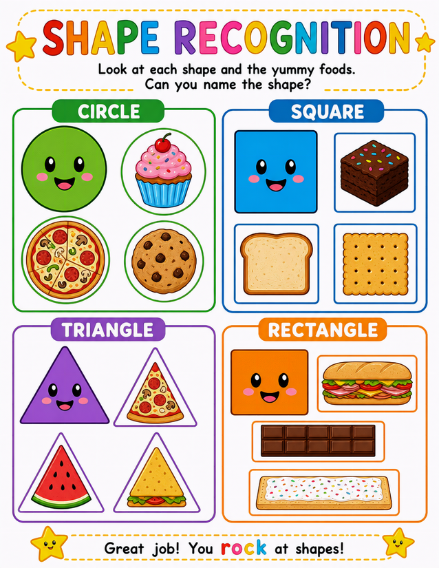 Kawaii Food Shape Recognition Worksheet, Four Shapes and Twelve Foods