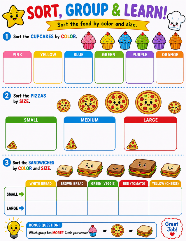 Kawaii Food Sort and Group Worksheet, Cupcakes, Pizzas, and Sandwiches