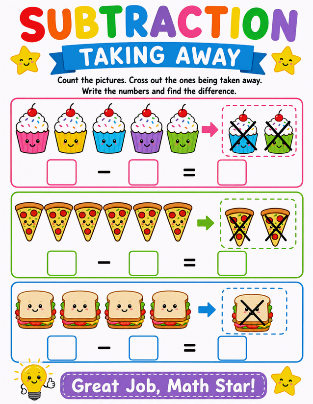 Kawaii Food Subtraction Worksheet, Cupcakes Pizza and Sandwiches