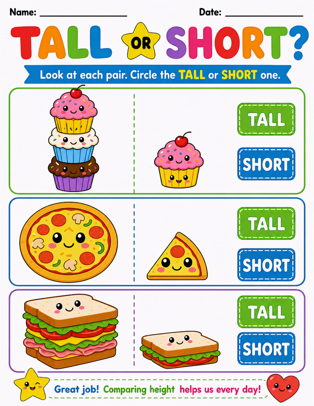 Kawaii Food Tall or Short Worksheet, Cupcakes, Pizza, and Sandwiches