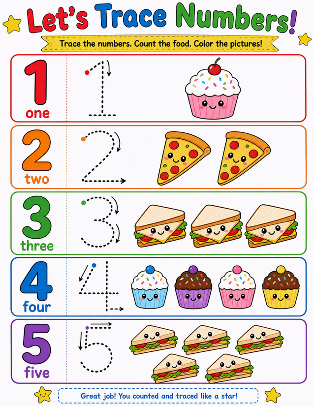 Kawaii Food Trace the Numbers 1-5 Worksheet
