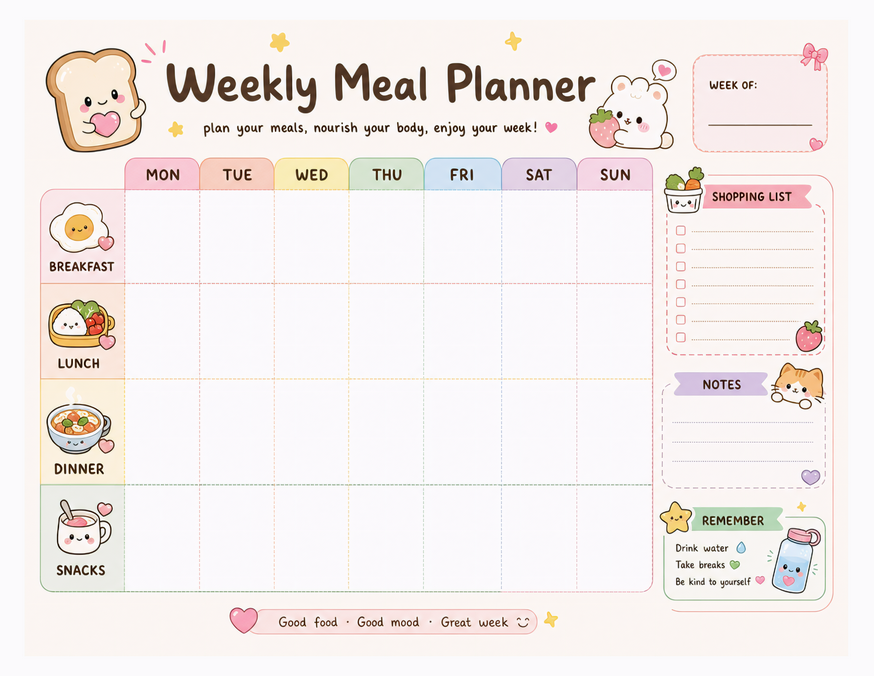 Kawaii Meal Planner Printable, Toast Bear and Four Meal Rows