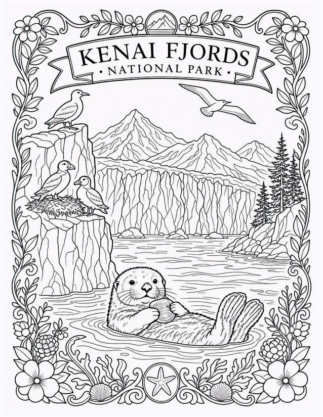 Kenai Fjords National Park Coloring Page, Sea Otter and Glacier Scene