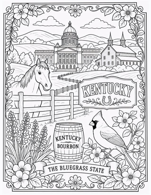 Kentucky Coloring Page, Horse, Cardinal, and Bourbon Barrel